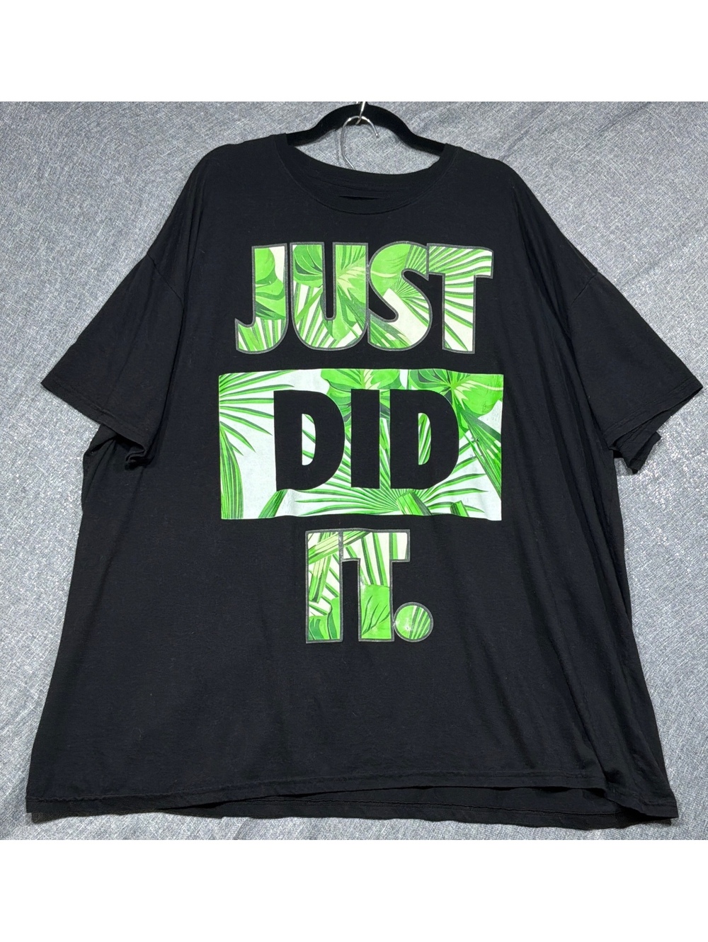 Men's Black Graphic T-Shirt with 'JUST DID IT.' Text in Green Leaf Print - Size
